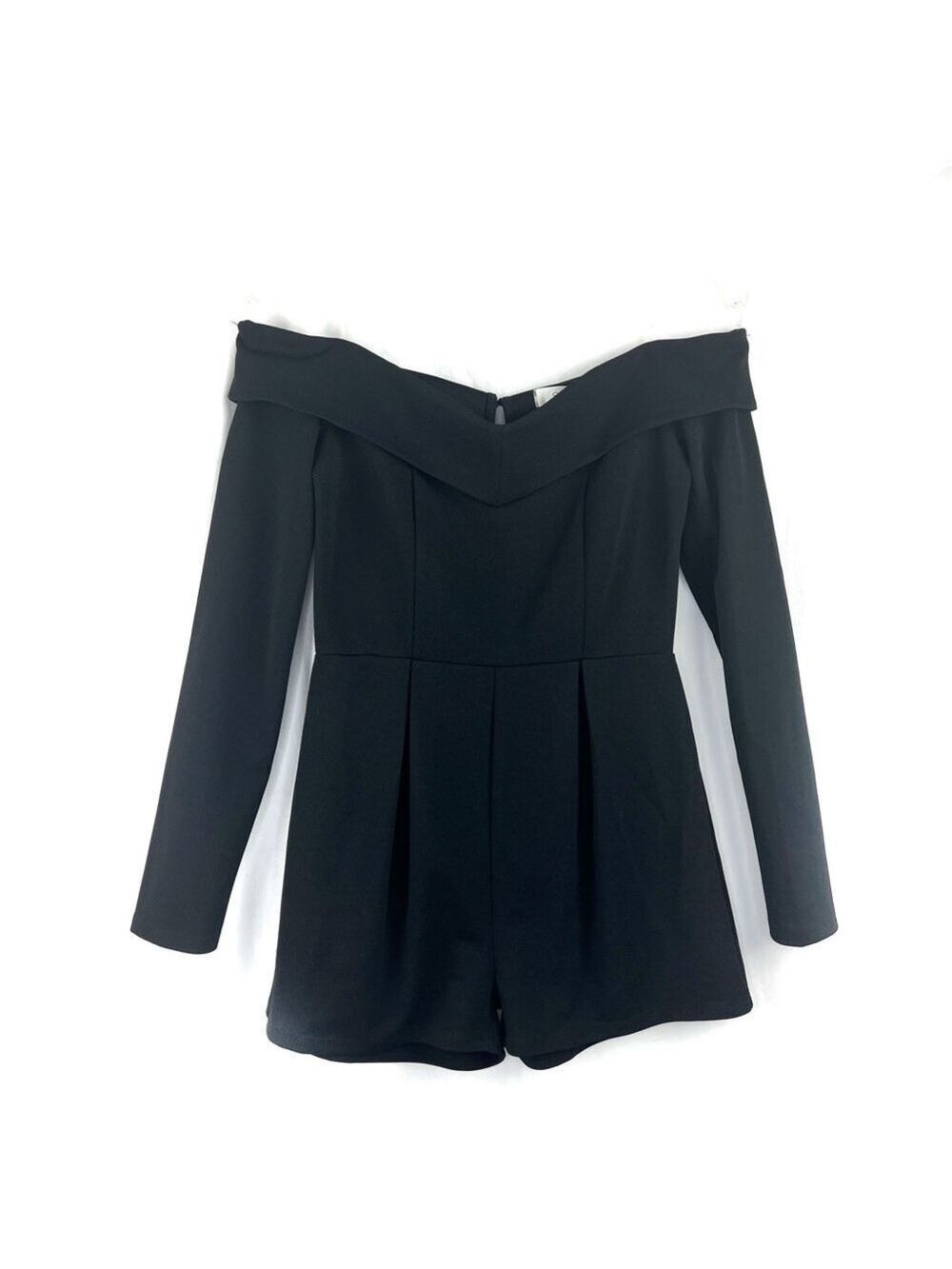 New-shop17 Black Off Shoulder, Long Sleeves, Pleated Shorts, Empire Waist Romper